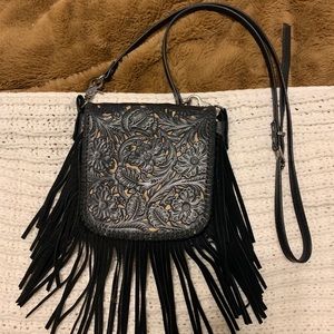 tooled leather fringe crossbody purse